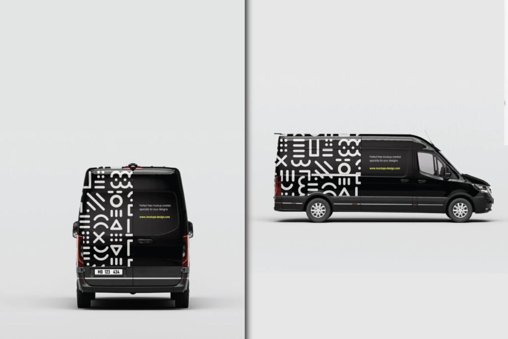 A black cargo van shown from the rear and side, both views featuring a white geometric pattern as a design mockup.
