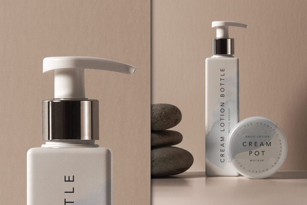 A two-panel mockup showing a close-up of a cream lotion bottle's pump and a full view of the bottle and a cream pot, with stacked stones.