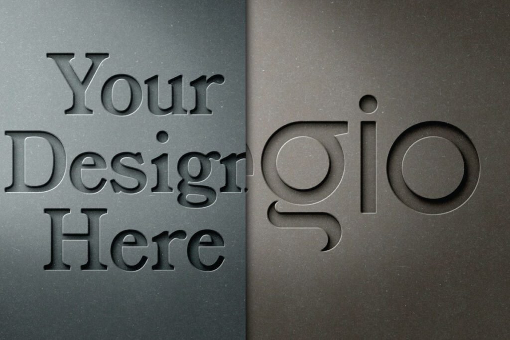 A Cut-Out Paper Mockup displaying two textured gray panels; the left panel shows "Your Design Here" in an embossed style, and the right panel shows the letters "gio" in a cut-out effect