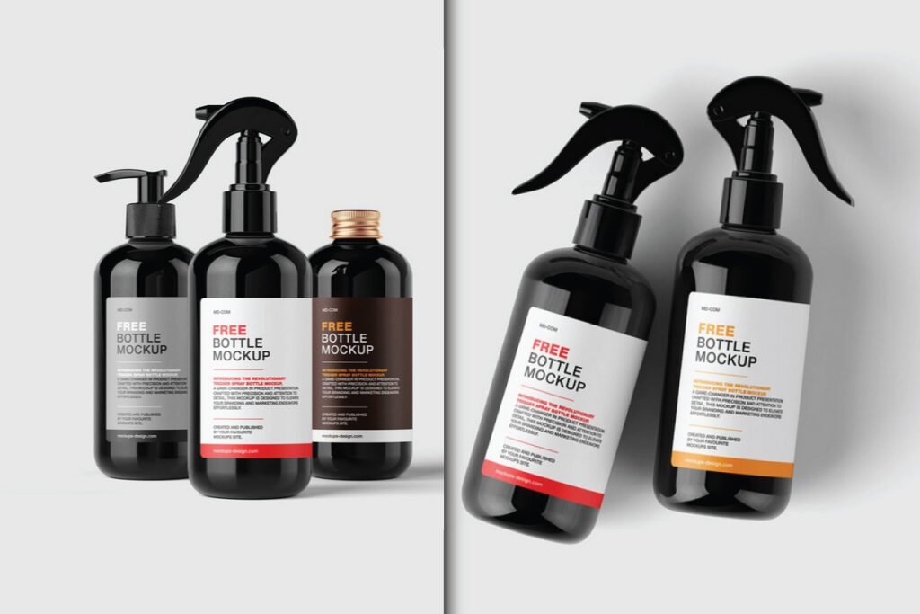 A set of three dark spray and pump bottles with different labels, alongside two black trigger spray bottles with white labels, showcasing a "Trigger Hair Spray Bottle Mockup PSD" and other packaging.