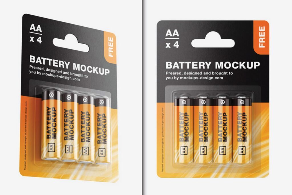 Rechargeable Battery Pack Mockup PSD featuring four AA batteries in blister packaging, shown from two angles.
