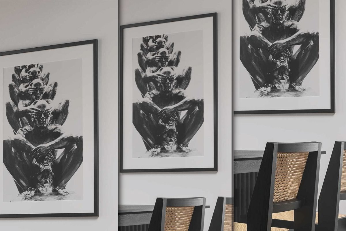 Three framed black and white posters featuring a stacked figure artwork, displayed in a dining room setting, serving as a Dining Room Poster Mockup.