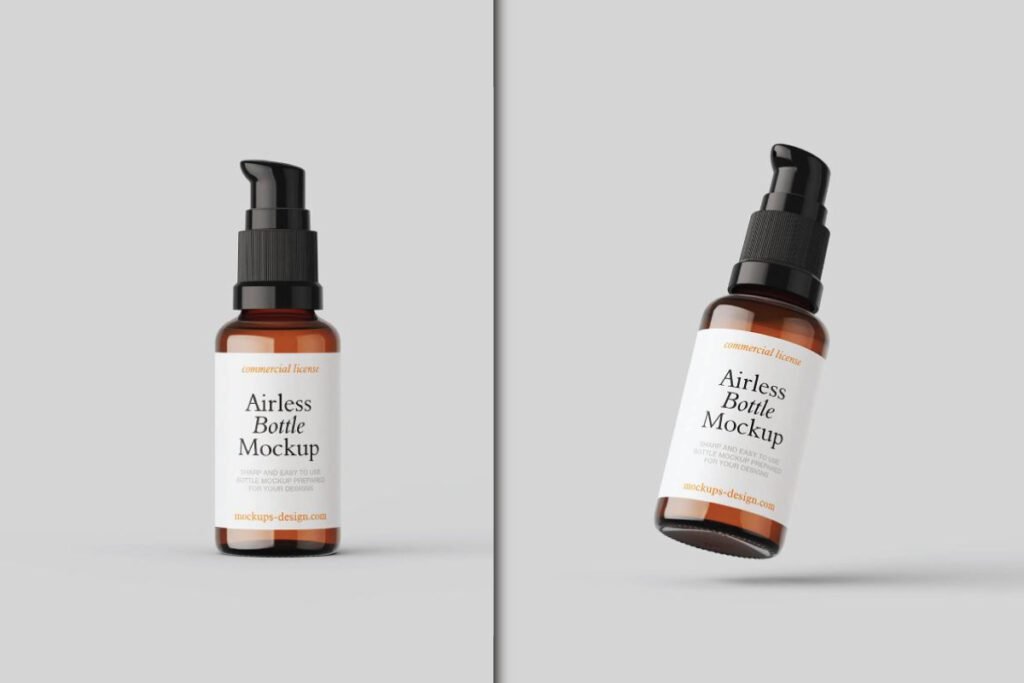 Two amber cosmetic bottles with black pump dispensers, one stands upright, the other is tilted.