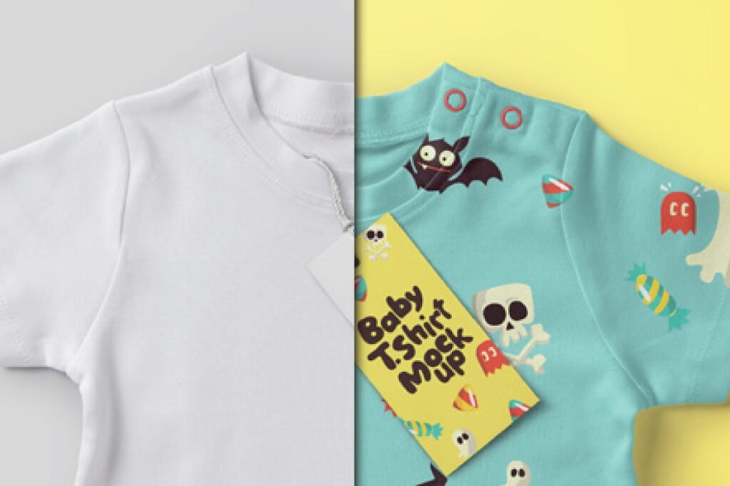 A split image showing a plain white Baby Tee with Hang Tag Mockup PSD on the left and a light blue Halloween-themed Baby Tee with Hang Tag Mockup PSD on the right.