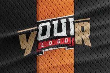 A close-up Jersey Mockup showing "YOUR LOGO" text on a black and orange textured fabric.