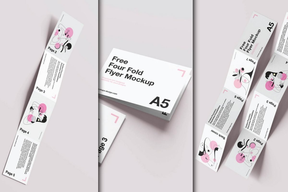 A three-panel image showcasing different views of an A5 four-fold flyer, serving as an A5 Four-Fold Flyer Mockup.