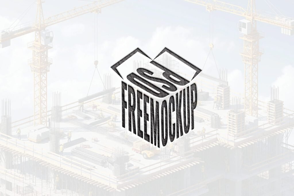 Construction Logo Mockup PSD for Professional Branding features a large, slightly transparent 3D PSD FREEMOCKUP box logo. The background shows a blurred construction site with cranes and building structures under a bright sky.