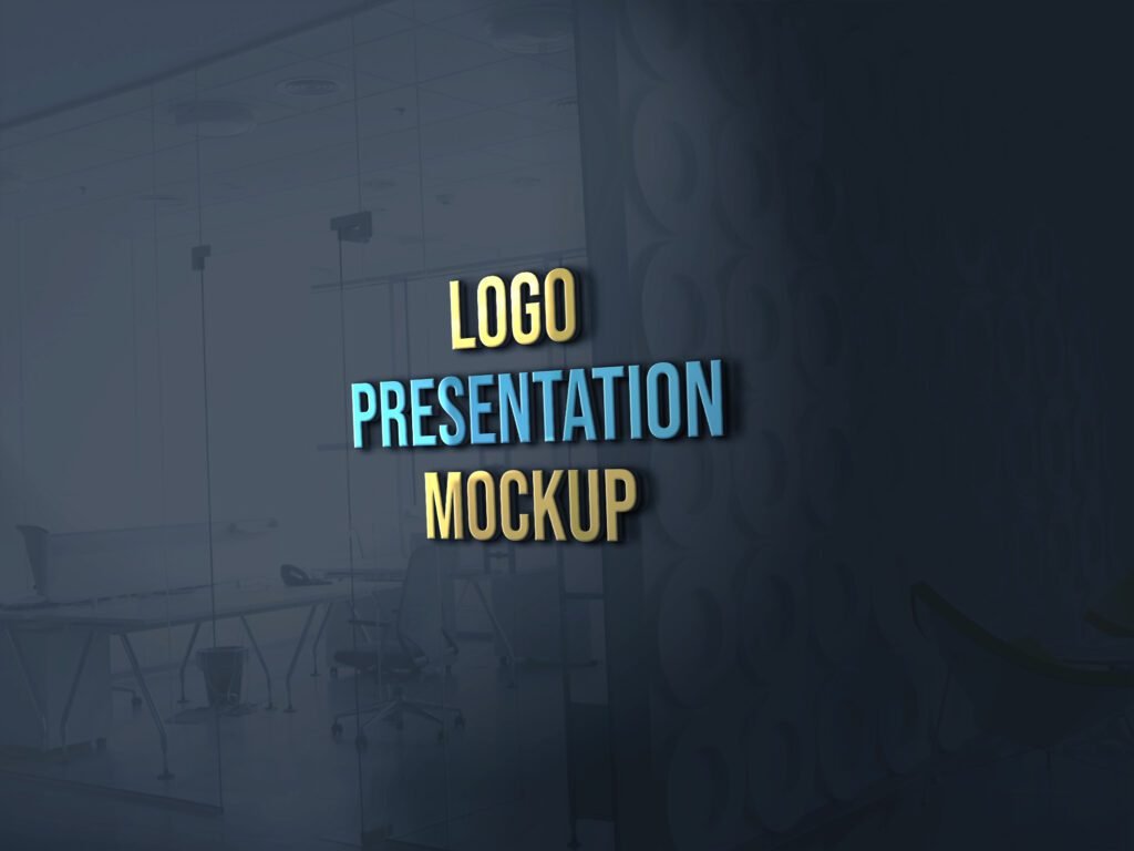 A "glass window logo mockup" showing "LOGO PRESENTATION MOCKUP" in gold and blue 3D text on a dark, textured glass partition, with a blurred office interior visible through the glass on the left.