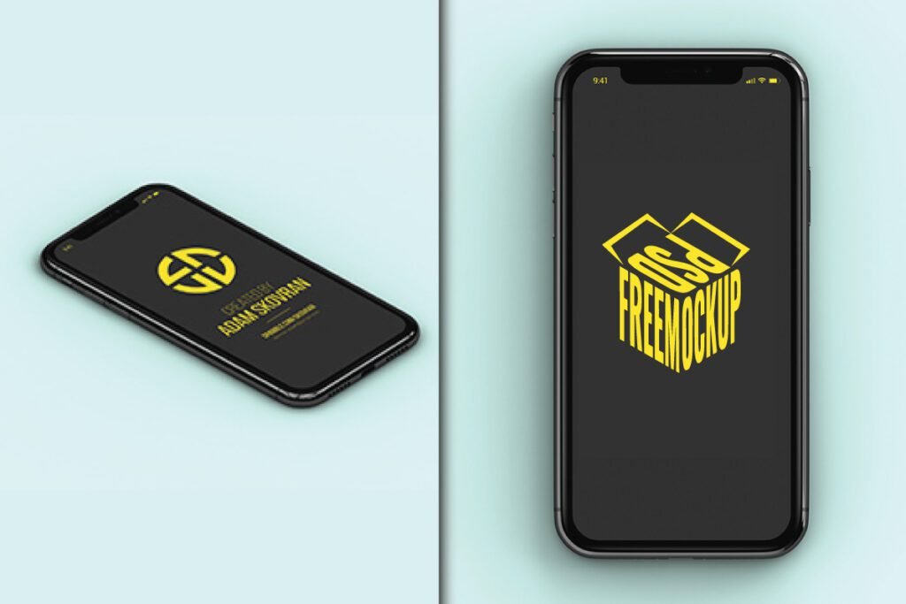 Best iPhone Screen Mockup PSD showcases two black iPhone models. One is angled, displaying a yellow circular logo and text for Adam Skovran. The other is upright, featuring a yellow 3D box logo with PSD FREEMOCKUP.