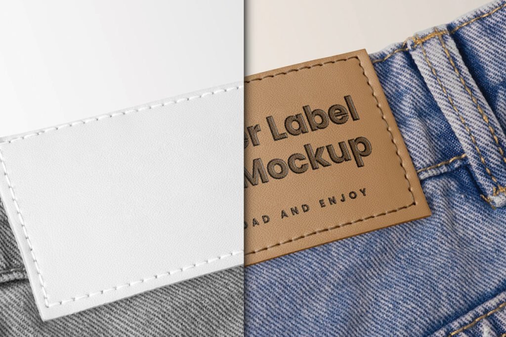A split view of a Jeans Label Tag Mockup PSD, showing a blank white stitched fabric label on the left and a brown embossed leather label
