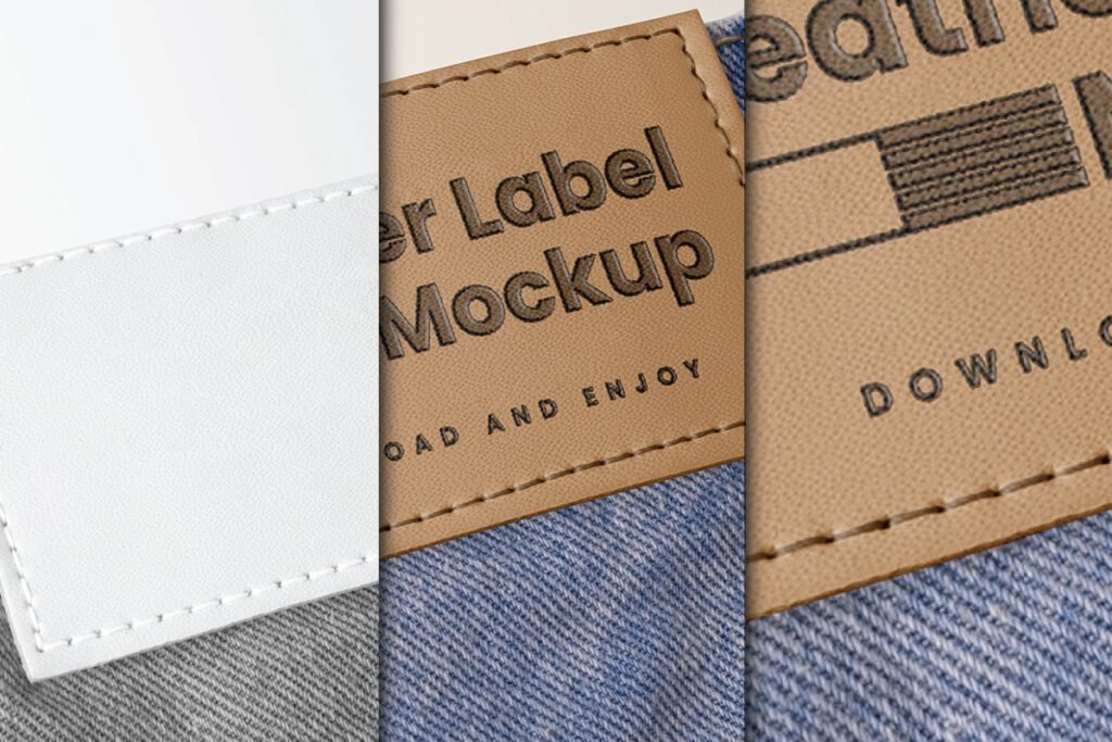 A multi-panel view of jeans label tag mockups, featuring a white stitched fabric label, a brown embossed leather label with "Leather Label Mockup," and a detailed close-up of another brown leather label with stitching on blue denim.
