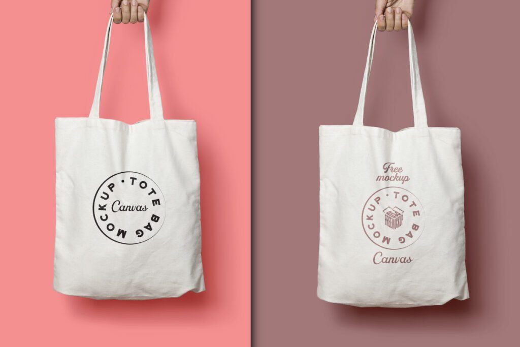 Lifestyle Canvas Tote Bag Mockup PSD displays two hands holding white canvas tote bags against different colored backgrounds. One bag has a black circular logo, while the other features a similar logo in brown with additional Free mockup text.