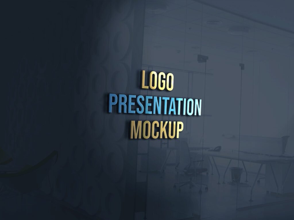 A "Logo Presentation Mockup" showing "LOGO PRESENTATION MOCKUP" in gold and blue 3D text applied to a dark, textured glass wall, with a blurred modern office interior visible through the glass on the right.