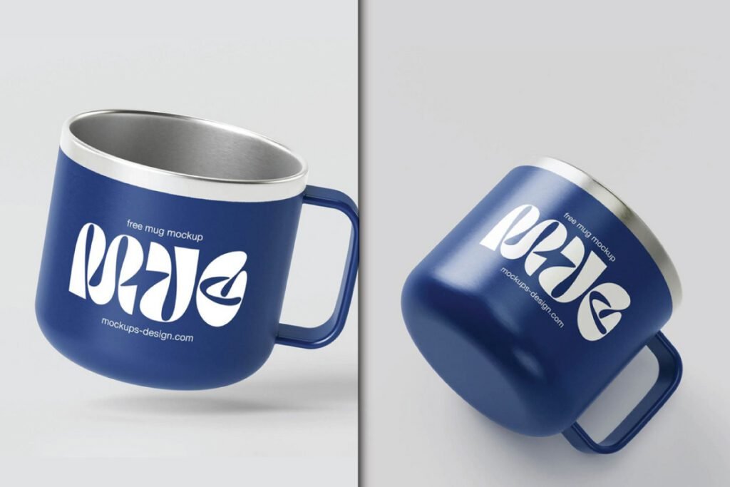A two-panel image showing a blue Metal Mug Mockup with a silver rim.