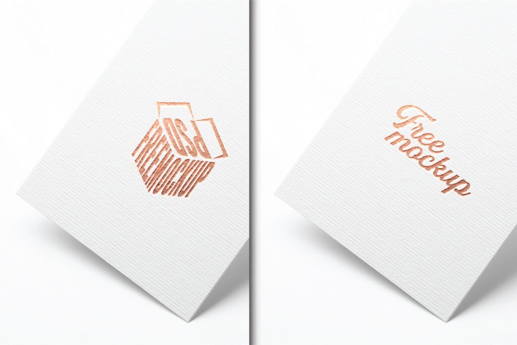 Metallic Foil Logo Mockup PSD featuring a white textured paper with a copper-colored 3D box logo on the left and a cursive Free mockup text in copper on the right.