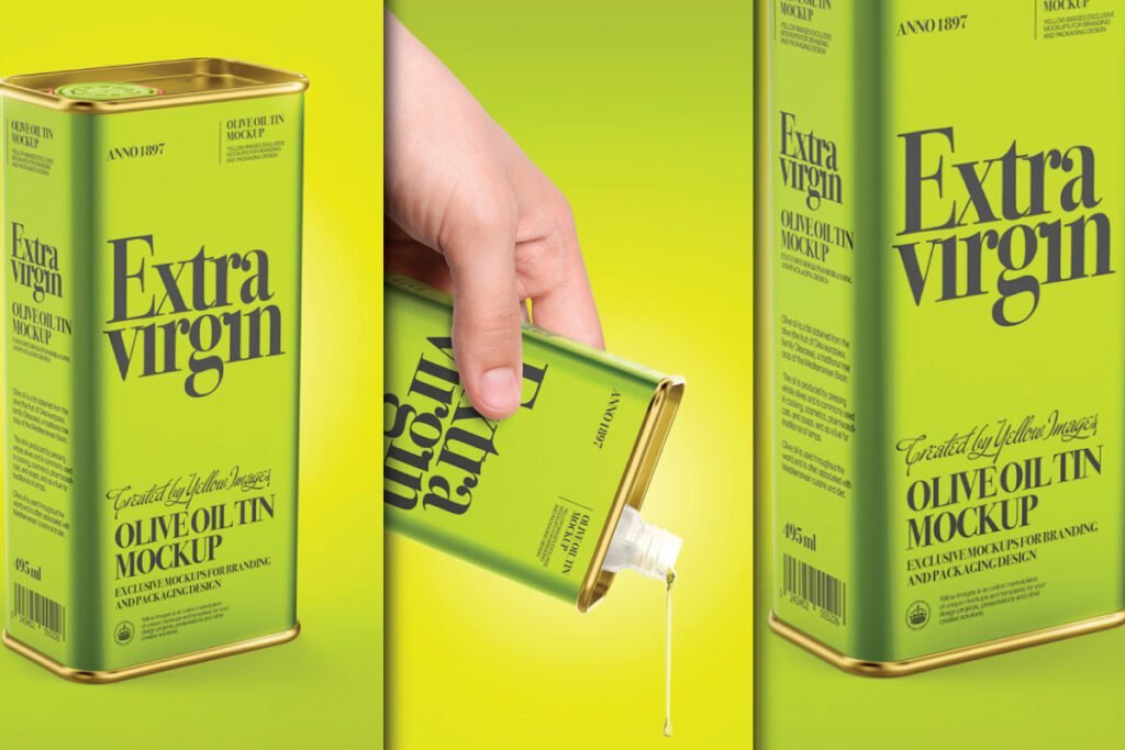 Three views of an Extra Virgin Olive Oil Tin Can Mockup: a full can, a hand pouring from it, and a close-up of the label.