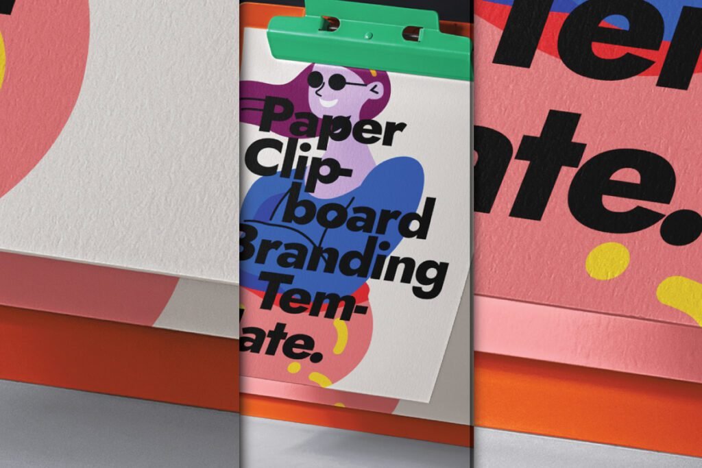A multi-panel Paper Clipboard Mockup collage featuring a central clipboard with an illustrated figure and "Paper Clipboard Branding Template"
