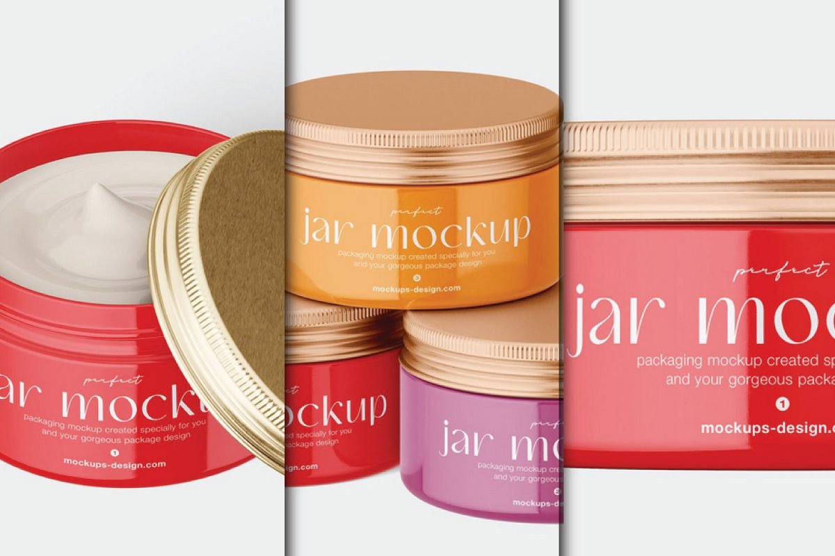 Cosmetic Cream Jar Mockup with Metallic Lid: Three views of cream jars in red, orange, and purple, some open.