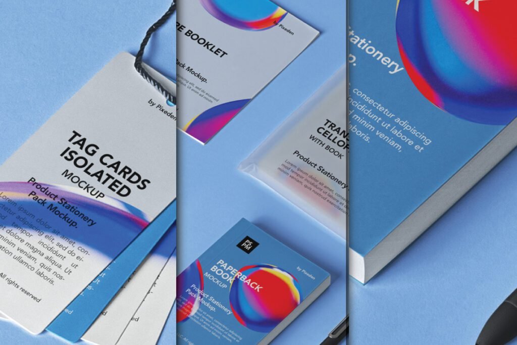 A multi-panel Stationery Mockup featuring a hanging tag, a booklet, a transparent cello-wrapped item, and a paperback book, all with abstract blue and red designs, on a blue background.