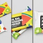Customizable Realistic Candy Bar Mockup PSD featuring vibrant fruit illustrations on yellow and white packaging.