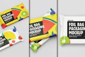 Customizable Realistic Candy Bar Mockup PSD featuring vibrant fruit illustrations on yellow and white packaging.