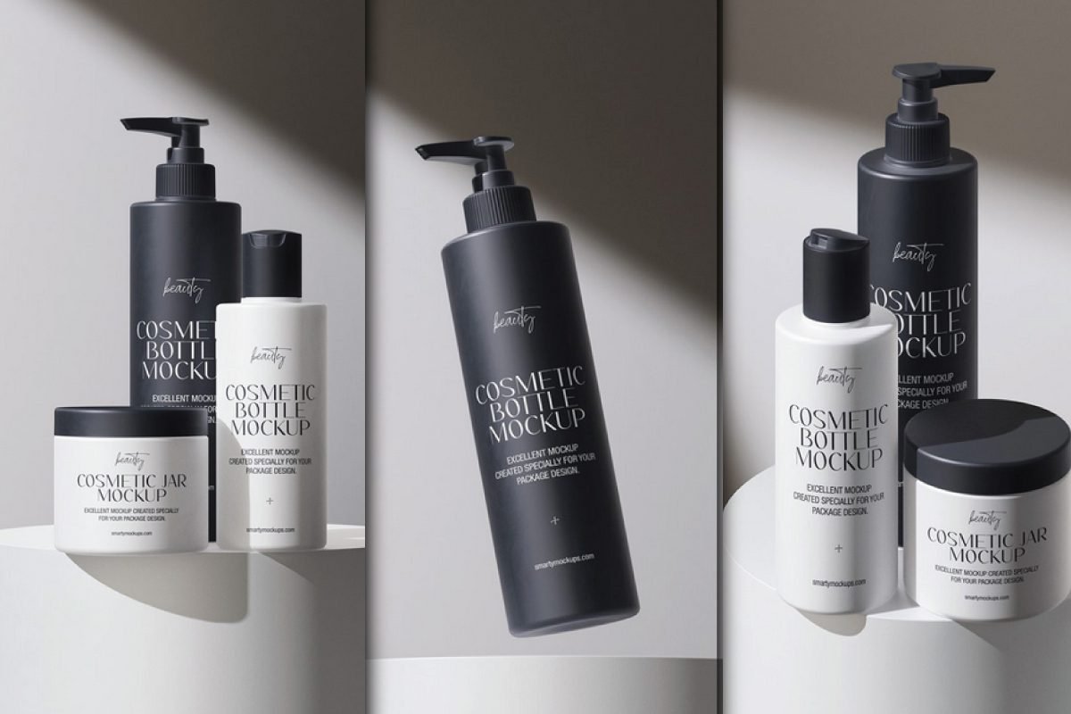 : Three different arrangements of cosmetic bottle and jar set mockup PSDs, featuring black pump bottles, white flip-top bottles, and white jars with black lids. Each mockup displays text that reads Beauty Cosmetic Bottle Mockup and Cosmetic Jar Mockup.