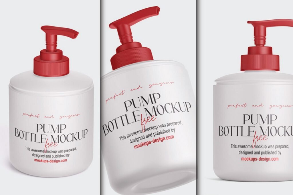 Three photorealistic plastic pump bottle mockup PSDs, each featuring a white bottle with a red pump dispenser.