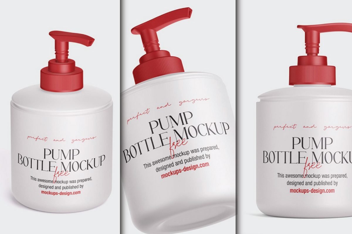 Three photorealistic plastic pump bottle mockup PSDs, each featuring a white bottle with a red pump dispenser.