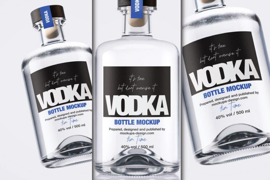 Three clear glass vodka bottle mockup PSDs, each with a black label featuring VODKA and additional text for a bottle mockup. A blue strip with VODKA is on the neck of each bottle.