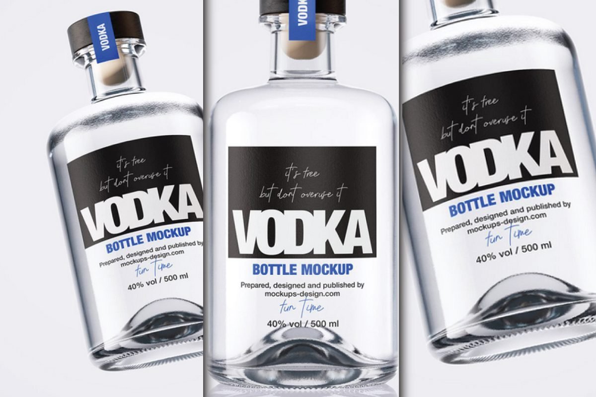 Three clear glass vodka bottle mockup PSDs, each with a black label featuring VODKA and additional text for a bottle mockup. A blue strip with VODKA is on the neck of each bottle.