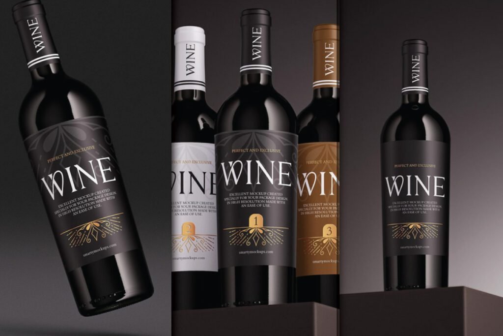 A collection of five photorealistic wine bottle label mockup PSDs, featuring black, white, and brown labels with gold and white accents, all prominently displaying the word WINE.