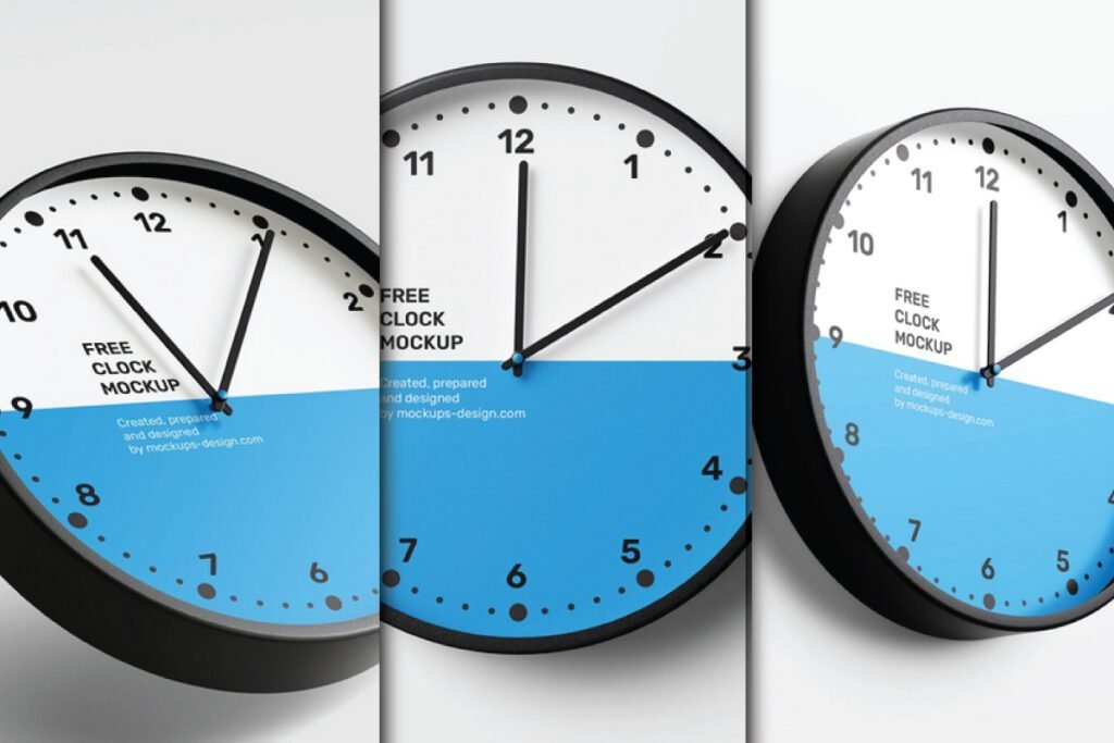 Three best realistic round wall clock mockup PSDs, each featuring a black frame and a white face with black numbers and hands. The bottom half of each clock face is blue, and the text Free Clock Mockup is visible.