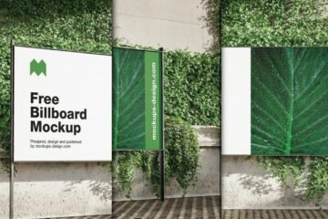 : Three outdoor billboard green ivy mockup PSDs, featuring various signs against a lush, ivy-covered wall, some displaying Free Billboard Mockup and others a close-up of a green leaf with water droplets.