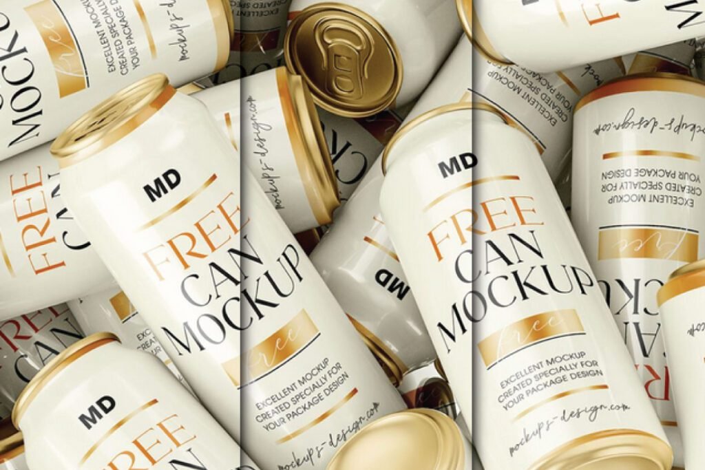 A collection of bulk soda can set mockup PSDs, showing numerous white and gold cans with Free Can Mockup text and MD logo.