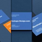 Three realistic horizontal business card mockup PSD on textured paper, featuring blue and orange cards with text about Mockups-Design.com and contact information.