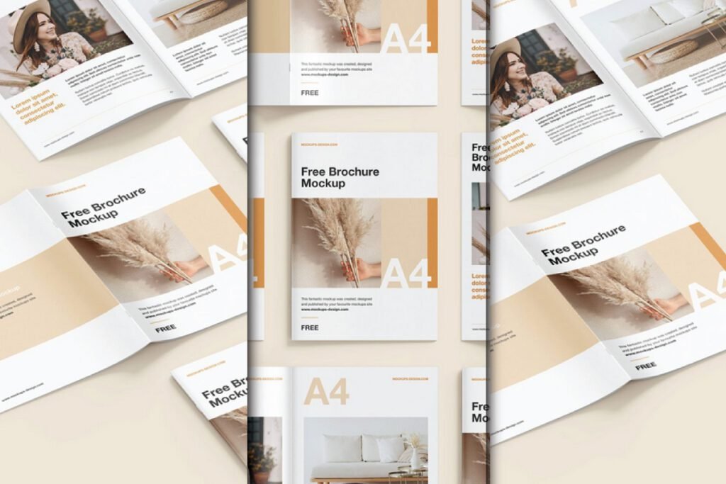 A dynamic grid of A4 brochure perspective mockup PSD, featuring brochures open to various pages and closed covers. Designs include images of a woman, a sofa, and dried pampas grass, with text like Free Brochure Mockup and A4.
