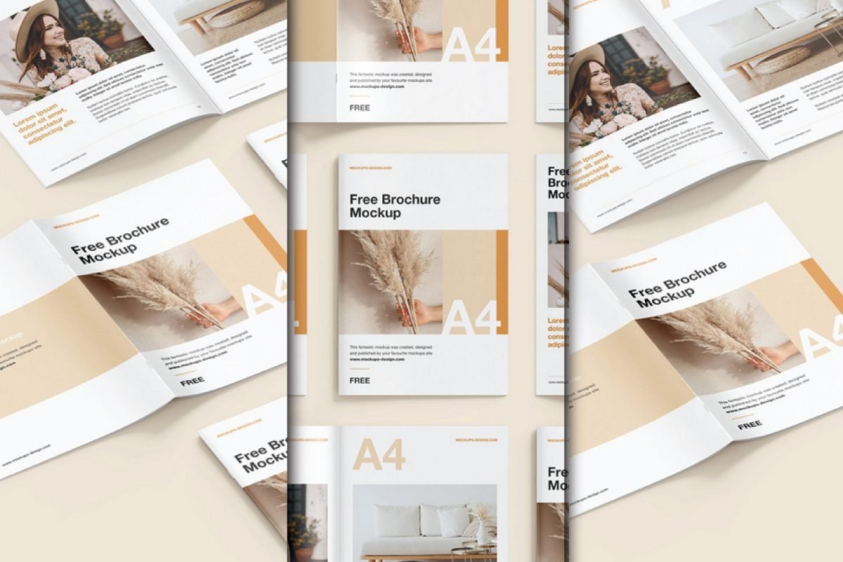 A dynamic grid of A4 brochure perspective mockup PSD, featuring brochures open to various pages and closed covers. Designs include images of a woman, a sofa, and dried pampas grass, with text like Free Brochure Mockup and A4.