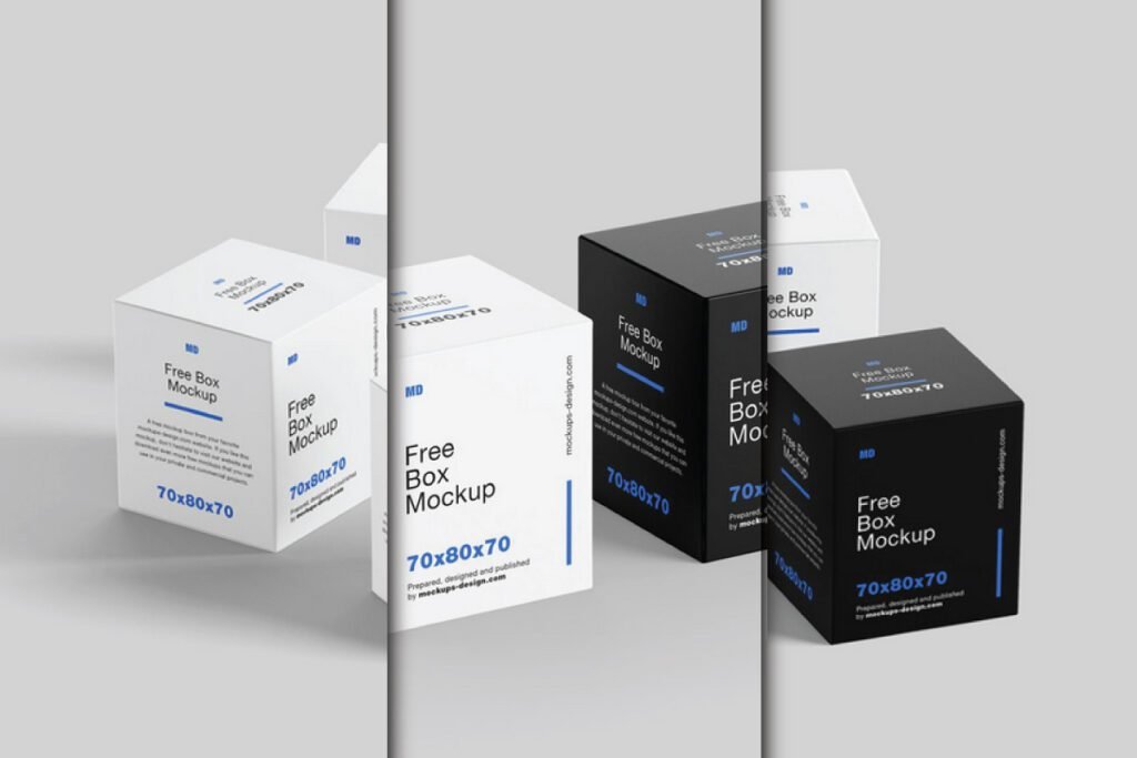 A collection of Cube Box Packaging Mockup PSDs, featuring both white and black cube boxes with text Free Box Mockup, MD logo, and dimensions 70x80x70.