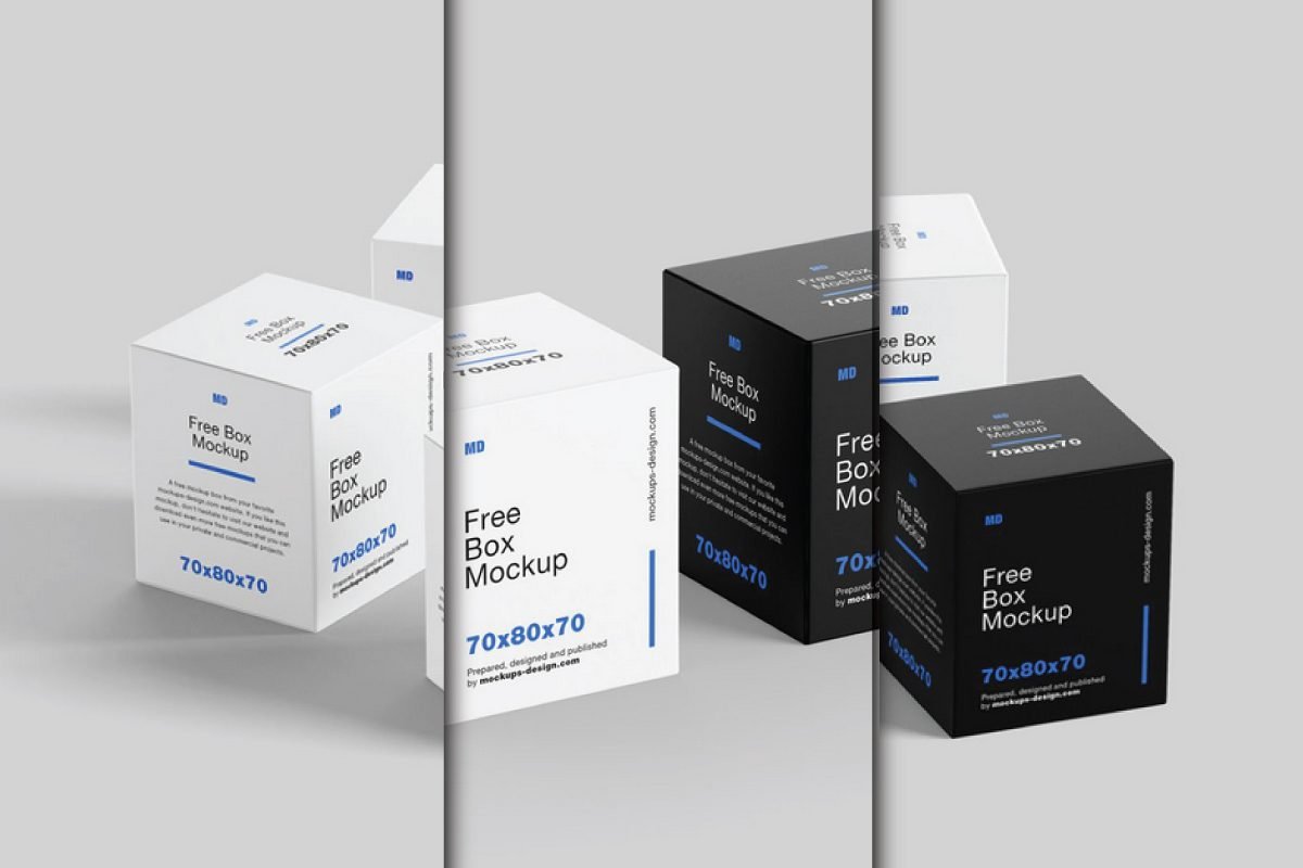 A collection of Cube Box Packaging Mockup PSDs, featuring both white and black cube boxes with text Free Box Mockup, MD logo, and dimensions 70x80x70.