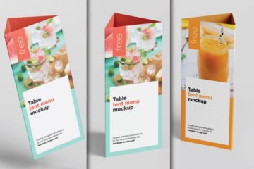 Three Standing Table Tent Mockup PSDs, two displaying a watermelon drink menu and one an orange juice menu.