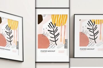 Three framed Interior Wall Poster Frame Mockup PSDs, each displaying an abstract poster design with black, white, orange, and yellow elements.