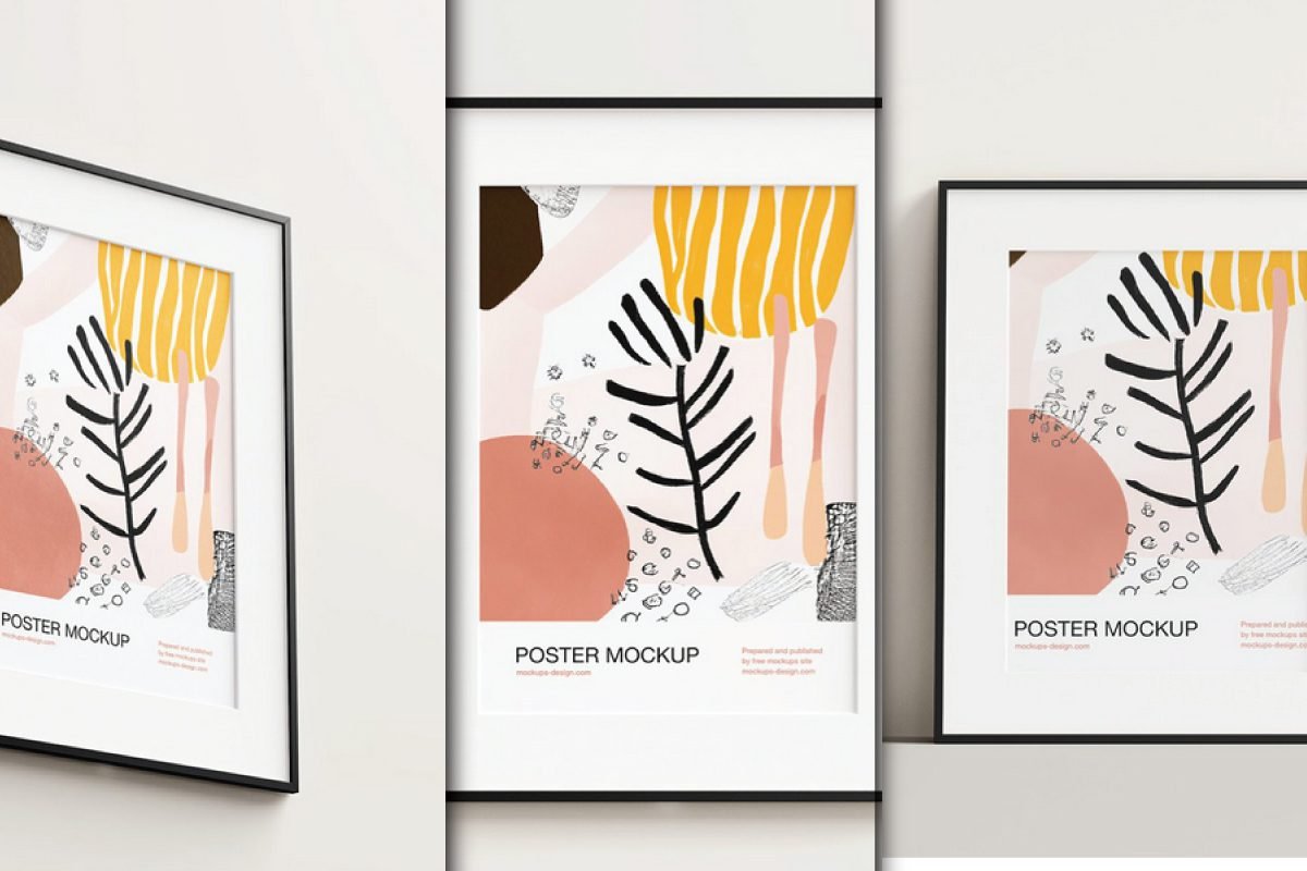 Three framed Interior Wall Poster Frame Mockup PSDs, each displaying an abstract poster design with black, white, orange, and yellow elements.