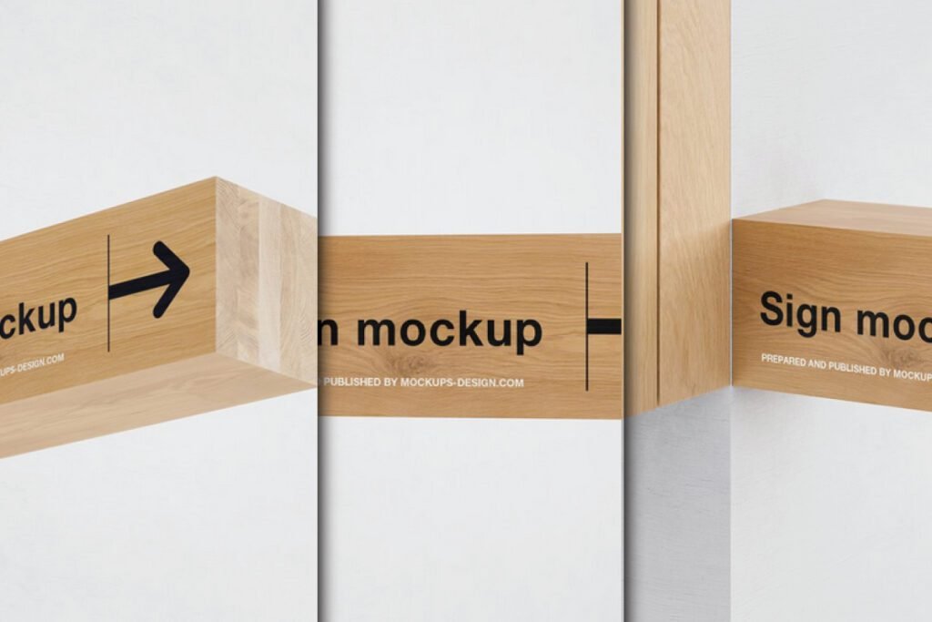 A creative interpretation of an Interior Wall Poster Frame Mockup PSD, featuring three close-up perspectives of modern wooden signage, with black text and an arrow, suggesting a conceptual display on a wall.
