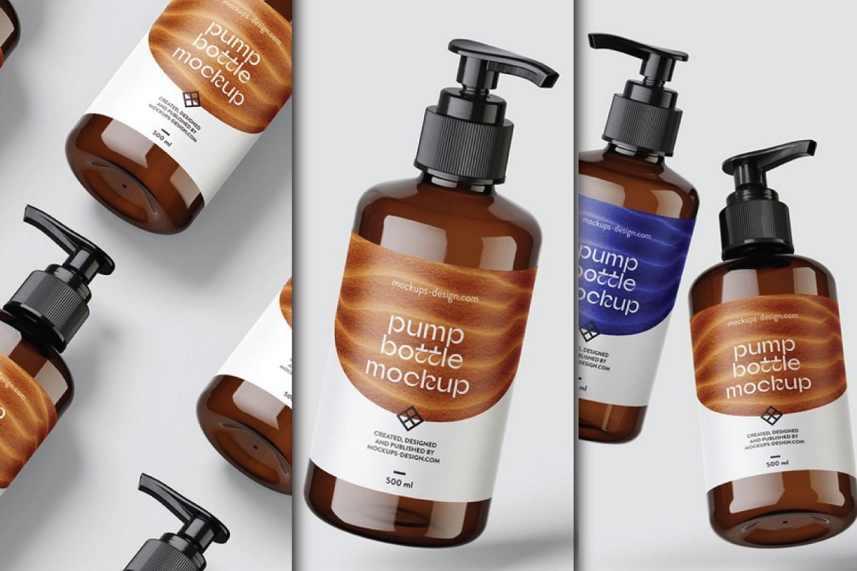Liquid Soap Amber Pump Bottle Label Mockup PSD showing several amber bottles with black pumps and white labels, some displaying a brown wave pattern and one a blue label.
