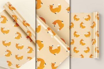 Gift Packaging Wrapping Paper Mockup PSD showing three rolls of light orange wrapping paper with a pattern of cartoon foxes, one partially unrolled, one fully visible, and one rolled up.