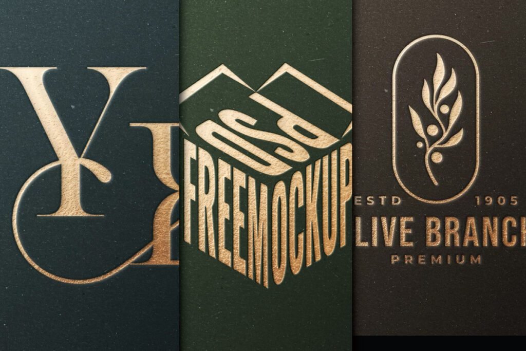 A detailed logo mockup gold pressed PSD on a dark, textured surface, showcasing a debossed effect with subtle reflections.