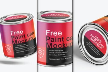 Paint Bucket Label Mockup PSD featuring three views of a paint can with a red and purple gradient label that reads Free Paint Can Mockup, showing the side and top.