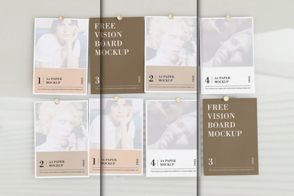 Photography Mood Board Mockup PSD showing eight A4 papers pinned to a wall, featuring various images and design elements.