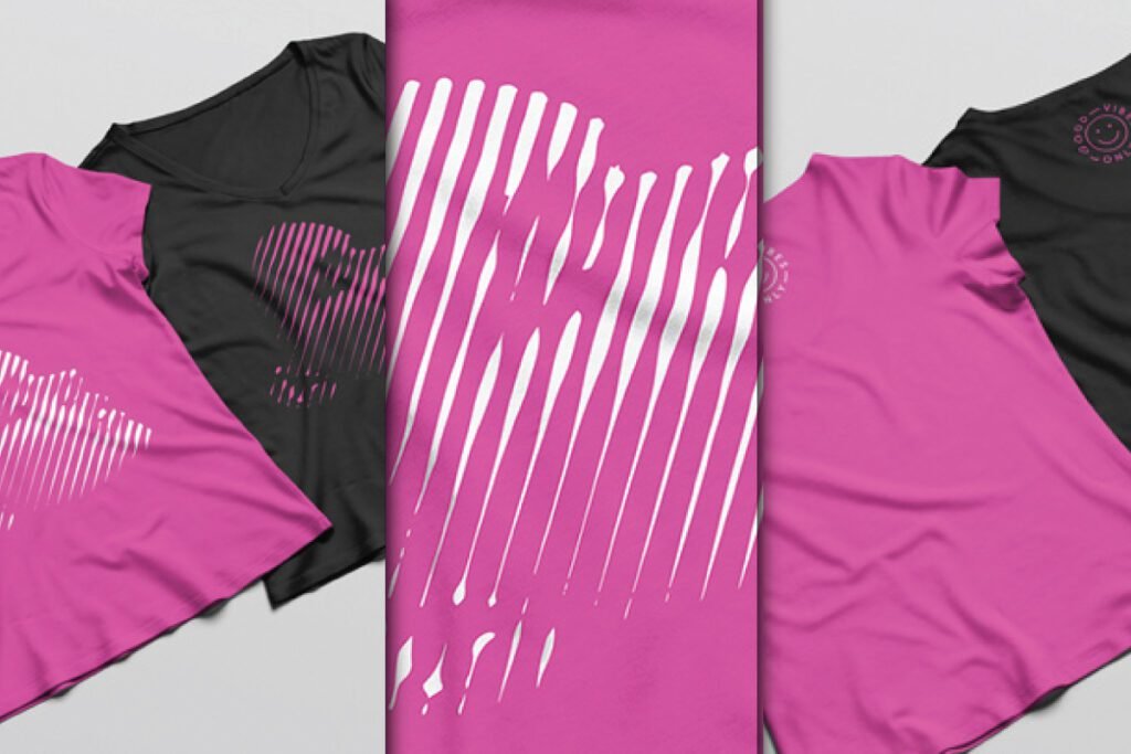 Short Sleeve Woman T-Shirt Mockup showing multiple pink and black t-shirts with white abstract striped heart designs, some showing front and some back.