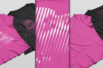 Short Sleeve Woman T-Shirt Mockup showing multiple pink and black t-shirts with white abstract striped heart designs, some showing front and some back.